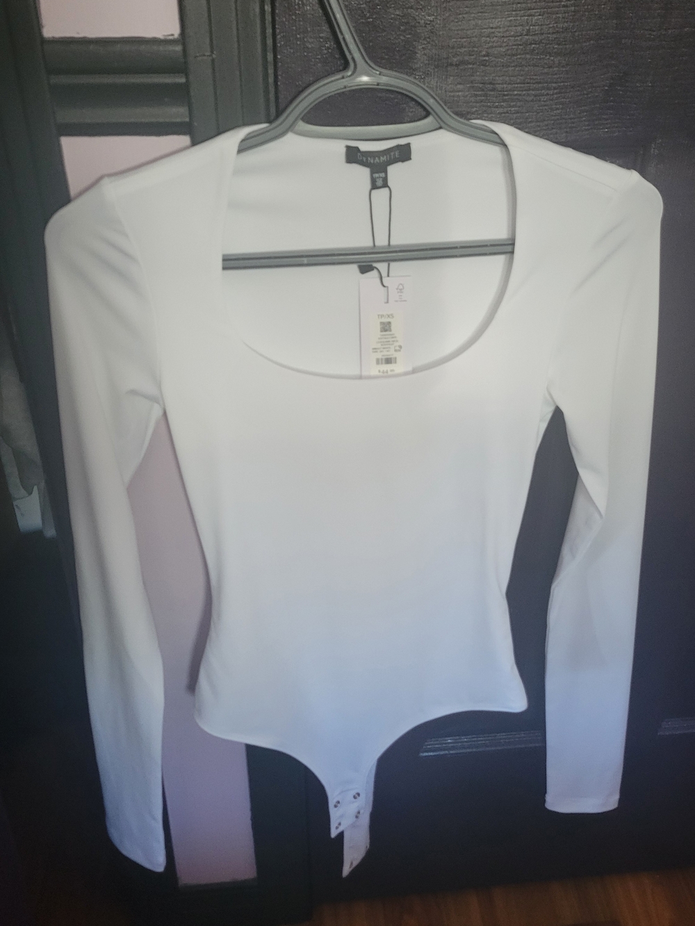 Dynamite White Long-Sleeve Scoop Neck Bodysuit with Snap Closure
